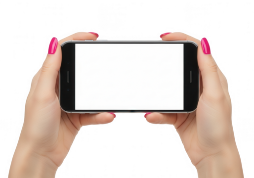 Woman holding a smartphone with a blank white screen in landscape orientation
