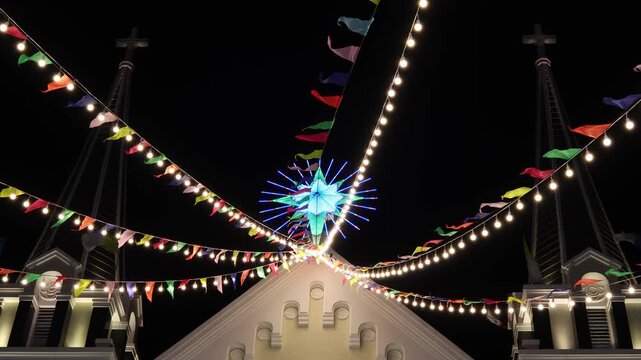View of a Catholic church roof decorated with colorful flags and glowing lights during joyful Christmas celebration. Real time video for background.