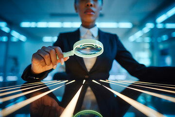 Woman in suit examines data with magnifying glass