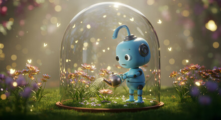 Tiny blue robot caring for flowers inside a glass dome under sunlight. A heartwarming sci-fi scene symbolizing hope, nature preservation, and gentle technology.Tiny blue robot caring for flowers insid