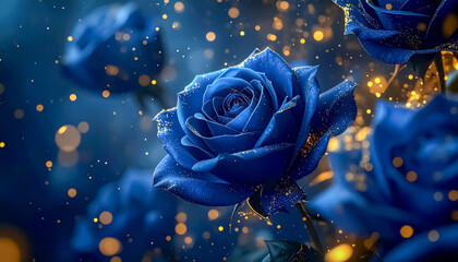 “Blue Roses and Golden Dust — Elegant Fantasy Floral Background.
（青いバラと金の粒子 — 優雅で幻想的な花の背景）