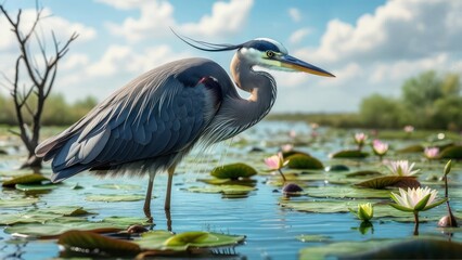 Obraz premium Heron wading in a lily pad pond