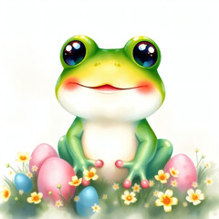 Fototapeta premium Bright green frog smiles among colorful eggs and flowers in a cheerful spring setting with a playful mood