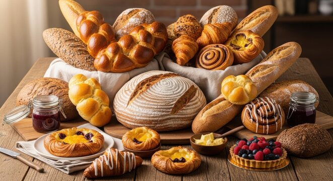 Freshly baked bread assortment on a wooden table