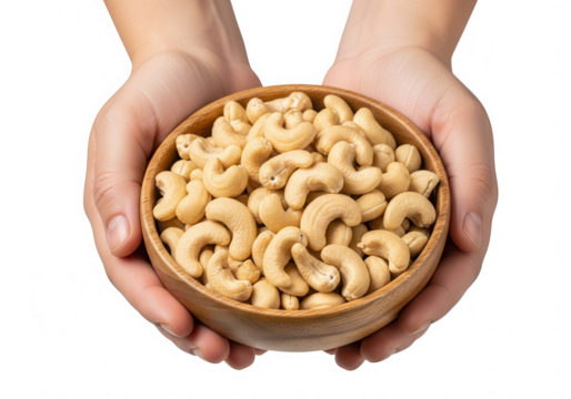 Hands holding a wooden bowl full of cashews