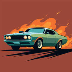 Naklejka premium Retro muscle car racing with fiery background, bold colors and dynamic shadows, vintage illustration style.