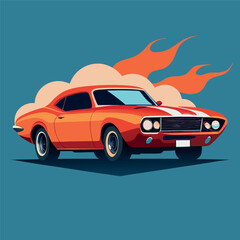 Retro muscle car racing with fiery background, bold colors and dynamic shadows, vintage illustration style.