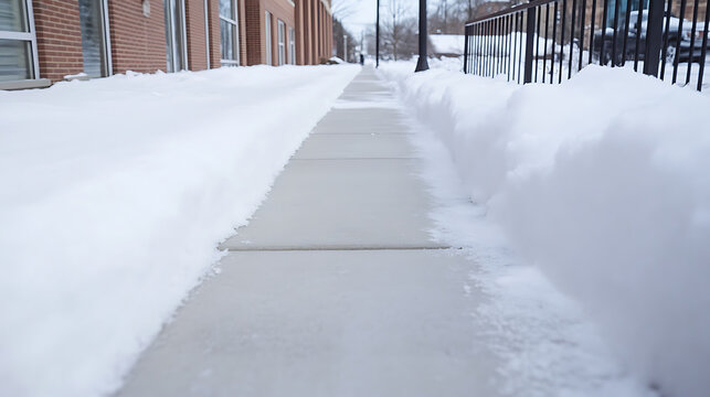 A snow-covered walkway during winter presents a tranquil scene. The clear path contrasts with the thick snowdrifts. A sidewalk is clear and inviting despite winter.