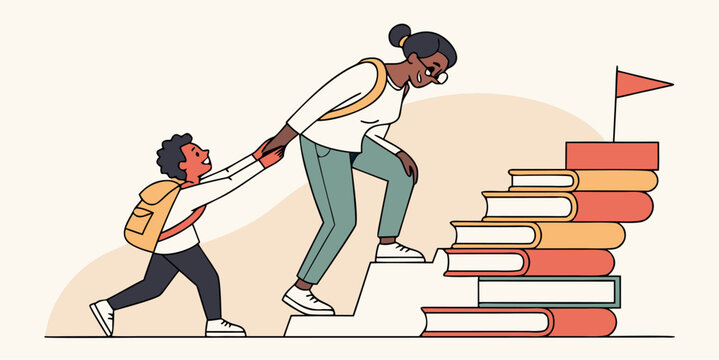 Mentor guides student up book stairs toward educational success and achievement goal