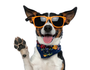 Dog with sunglasses and bandana waves. A cheerful portrait with black background