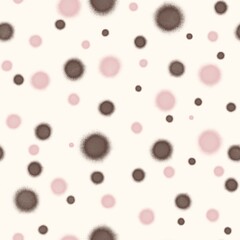 Seamless polka dot pattern with scattered, fuzzy pink and brown circles on a cream background. Playful, modern abstract design for fabric or baby products.