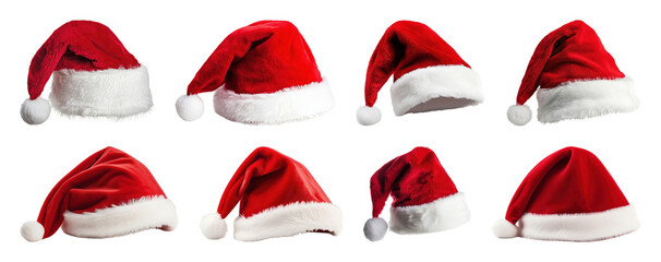 Fototapeta premium PNG Festive red Santa hats collection, element set on transparent background