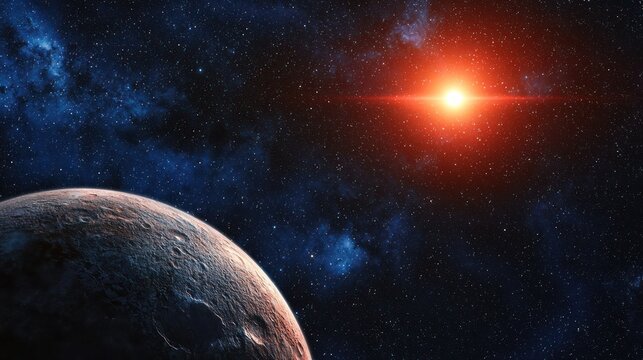 A planet with a moon, a star in the background, and a nebula in the distance. The planet has a reddish hue and the moon is dark. - Powered by Adobe