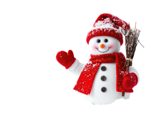 Adorable snowman figurine wearing a red hat, scarf, and mittens; holding a broom
