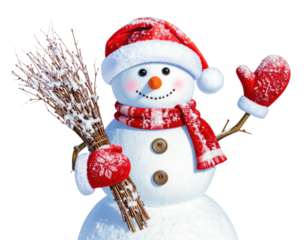 Cheerful snowman wearing a festive hat, scarf, and mittens, holding a snow-covered branch bundle