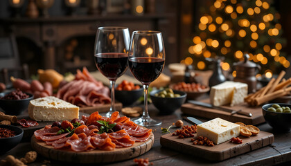 Delicious Holiday Charcuterie Board with Red Wine Glasses, Cured Meats, Cheese, and Olives on a Rustic Wooden Table, Festive Dinner Party Scene with a Warm Christmas Tree Bokeh Background 