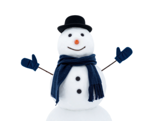 Adorable snowman illustration wearing a hat, scarf, and mittens, on a transparent background