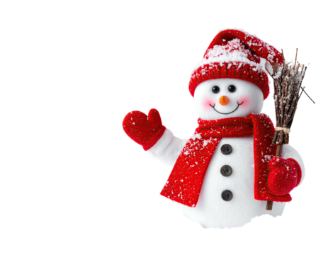 Adorable snowman figurine wearing a red hat, scarf, and mittens; holding a broom