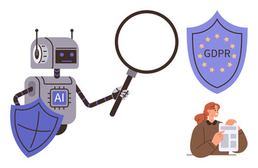 AI robot holding magnifying glass and shield, symbolizing data security, GDPR compliance, and user privacy. Ideal for data analysis, AI ethics, online safety, compliance law, cyber defense privacy