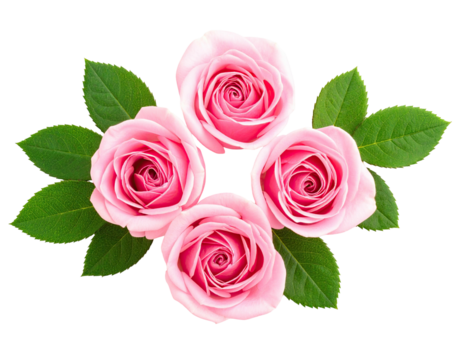 Four delicate pink blooms arranged symmetrically with green leaves on a transparent background - Powered by Adobe