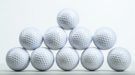 golf. An arrangement of multiple golf balls on a white background, showing texture. lifestyle magazines, social media lookbooks, designed for lifestyle magazines and social media content.