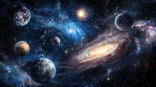 A vast, star-studded universe with planets, galaxies, and nebulae, set against a dark blue and purple backdrop with a hint of orange and yellow hues. 