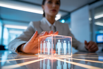 Womans hands hovering over holographic cube of people figures