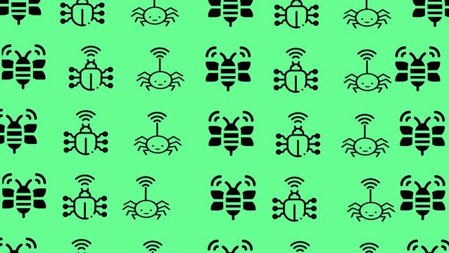 Seamless green pattern of black robotic insects like bees, spiders, and beetles. Futuristic and minimal tech-inspired wallpaper design.