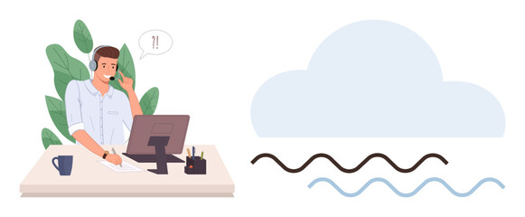 Man with headset interacting at work desk, cloud shape, and waves symbolizing cloud computing. Ideal for remote work, cloud solutions, customer service, technology, telecommunication, online