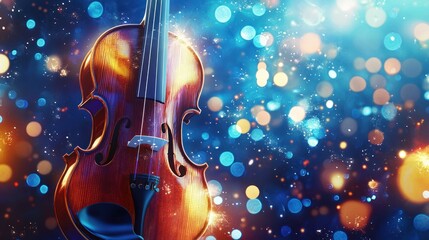 Fototapeta premium A vibrant violin is prominently displayed against a dynamic, bokeh-filled background of swirling blue and orange lights. The violinâ€™s rich wood grain is highlighted by the light