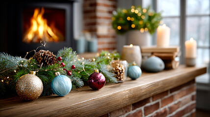 Winter mantel with candles and decor. Warm fire glows as decorative ornaments and candles adorn a rustic wooden mantel with green foliage.