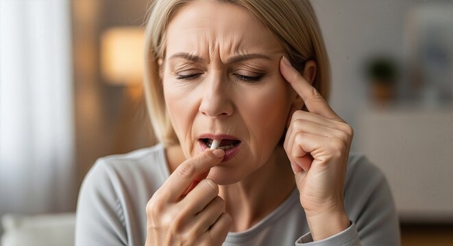 Resilient Senior Woman Braving Headache on Beachfront, Embracing Daily Health Routine Empowering Image for Healthcare and Wellness Campaigns.