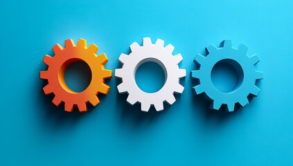 Colorful gears on a bright background. Three gears in orange, white, and blue are arranged on a bright blue surface, creating a striking visual contrast.