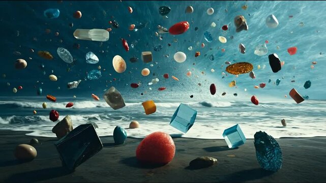 Floating objects over a sandy shore with ocean and sky in background