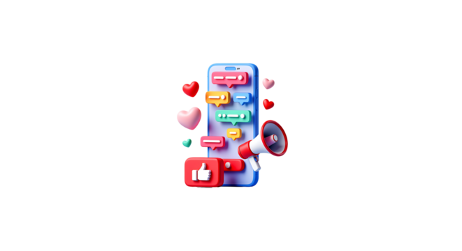 Modern mobile phone with social media notifications and marketing megaphone