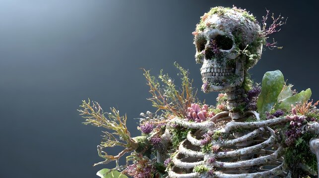 ic representation of a human skeleton adorned with lush moss vibrant plant life branches and colorful crystals evoking themes of life decay and nature s enduring cycle