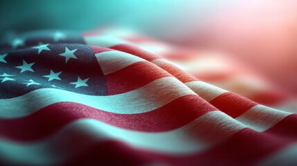 Waving textile displaying patriotic symbols under dramatic atmospheric lighting