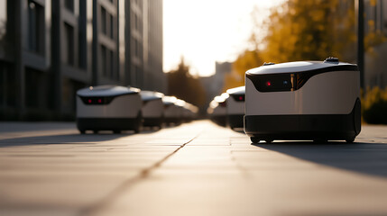 Obraz premium Autonomous delivery robots line a city street, promising efficient urban logistics. Compact vehicles navigate the cityscape, showcasing a future of automated transportation.