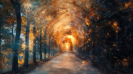 Naklejka premium A winding, mystical tunnel of trees with a path leading through, illuminated by a warm, golden light, with a few stars scattered along the way, creating a sense of wonder and mystery.