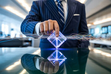 Businessman holding a glowing crystal cube with digital streams
