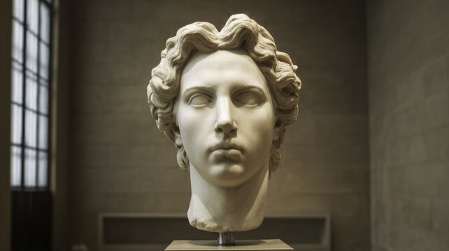 Marble bust of a classical figure with curly hair displayed in a museum setting