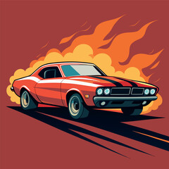 Obraz premium Retro muscle car racing with fiery background, bold colors and dynamic shadows, vintage illustration style.