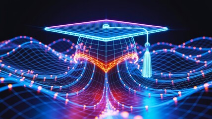 A digital representation of a graduation cap surrounded by flowing waves of light, symbolizing education and technology.