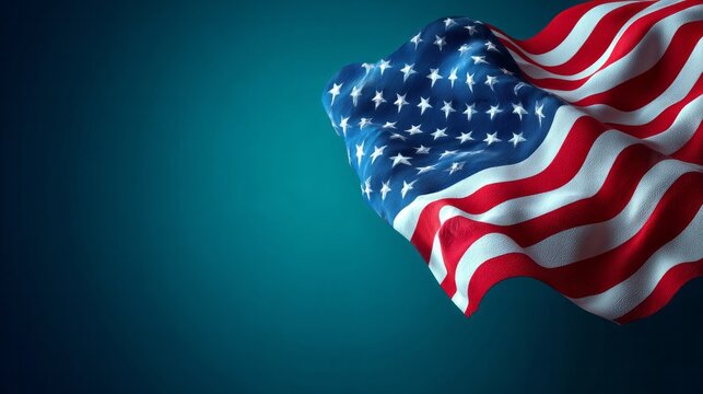 Waving national emblem fabric design floats against deep teal background with ample copy space - Powered by Adobe