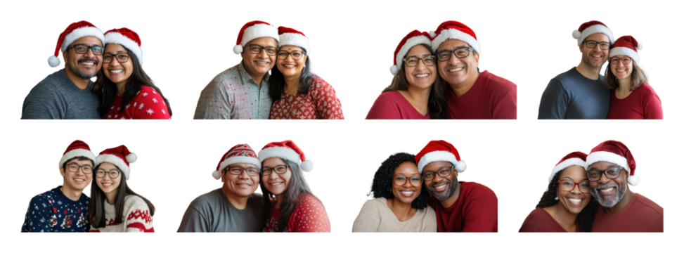 PNG Diverse couples wearing festive hats, element set on transparent background