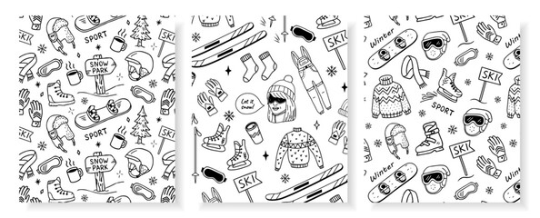 Obraz premium Hand-drawn seamless patterns set with ski, snowboarding, skates, helmets, boots, goggles, sweaters, gloves, coffee, trees, and winter accessories. Perfect for wrapping, fabric, kids design, print