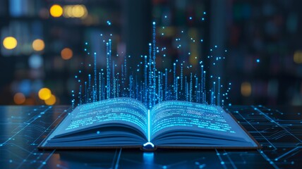 An open book emits glowing data particles, symbolizing knowledge and technology merging in a digital age.