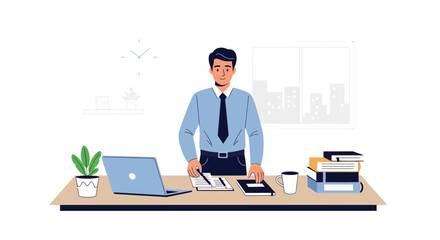 Professional Businessman Standing Behind the Desk in Modern Office Interior Setting