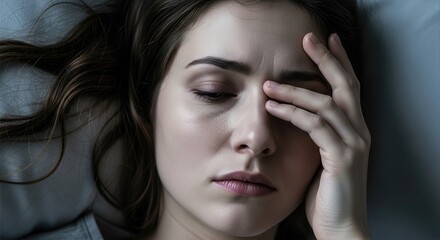 Obraz premium Melancholic Woman, Hand to Forehead Closeup Study of Distress on Female Face, Ideal for Expressing Emotional Struggle in Corporate Settings or Personal Projects.