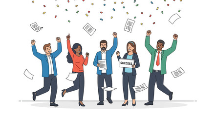 Team Celebrates Achieving Goals Filled With Joy And Scattered Documents
